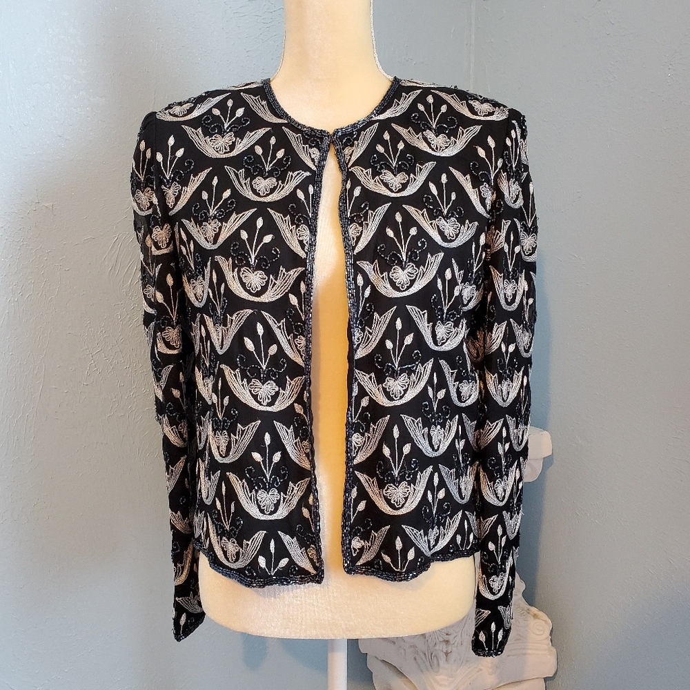 Papell Boutique evening sequence floral 100% silk blazer/jacket B2